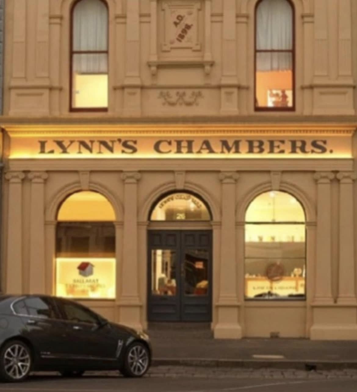Street view of the Lynn's Chambers heritage building facade with signage, at 26 Lydiard Street South Ballarat